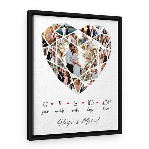 1 Year Anniversary – Custom Photo Collage Heart 25 Pictures – A Romantic Gift – Black Floating Frame – Design B