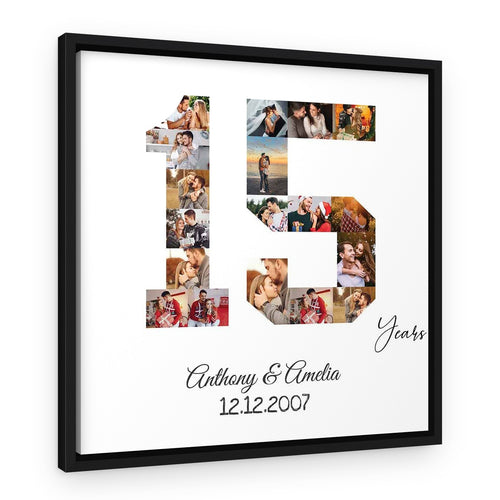 15 Year Anniversary Square Canvas – Number Photo Collage with 18 Pictures – Black Floating Frame – Design A