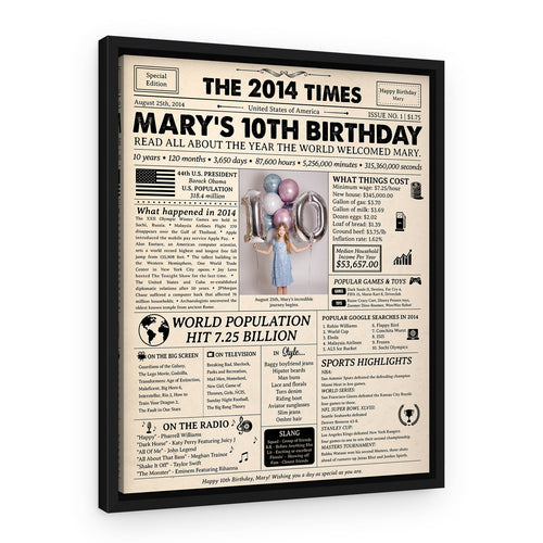 10th Birthday Gift for Kid: 2014 Birthday Newspaper Canvas – Black Floating Frame