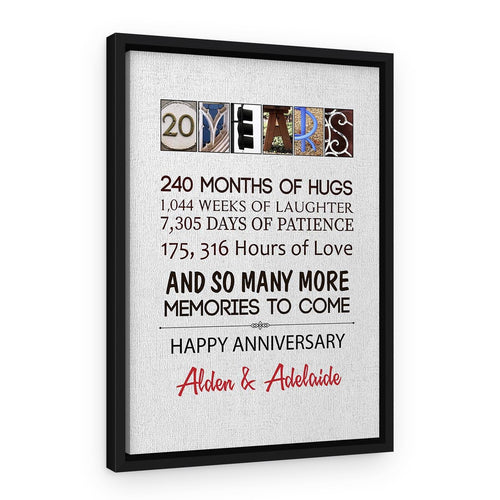 20-Year Anniversary Letter Art Canvas Print – Black Floating Frame