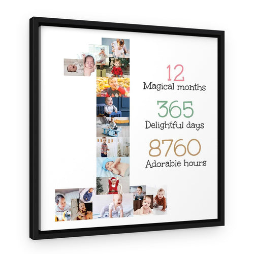 1st Birthday Photo Collage Canvas Print – Black Floating Frame