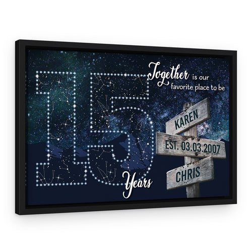 15 Years Together Star Map Street Sign Names Canvas Gift – Black Floating Frame – 2 Names