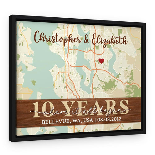 10th Anniversary ‘Where It All Began’ Custom Street Map Canvas – Black Floating Frame