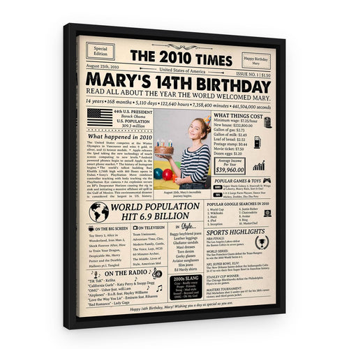 14th Birthday Gift: 2010 Birthday Newspaper Canvas – Black Floating Frame