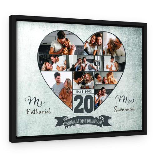 20th Anniversary Heart-Shaped Photo Collage Canvas Print – Black Floating Frame – Design A