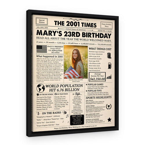 23rd Birthday Gift: 2001 Birthday Newspaper Canvas – Black Floating Frame