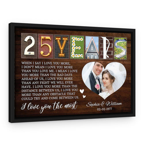 25th Anniversary Letter Art Heartfelt Love Quote – Wooden Background – Black Floating Frame