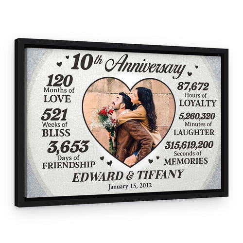 10th Anniversary Milestone Custom Heart-Shaped Photo Canvas – Black Floating Frame – Design A