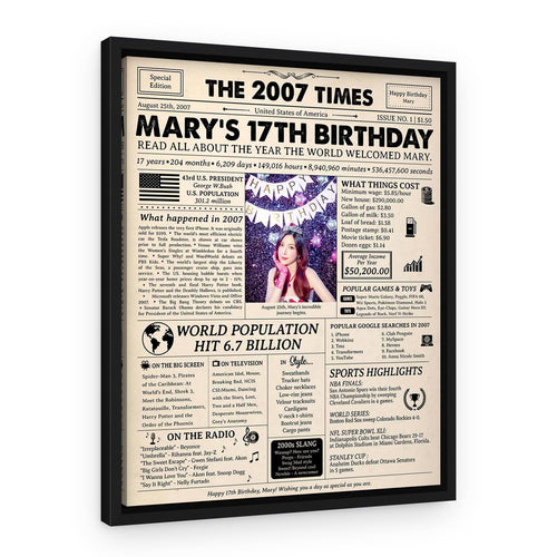 17th Birthday Gift: 2007 Birthday Newspaper Canvas – Black Floating Frame
