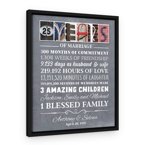 25 Years of Marriage Custom Letter Art Canvas Print – Black Floating Frame – Design A