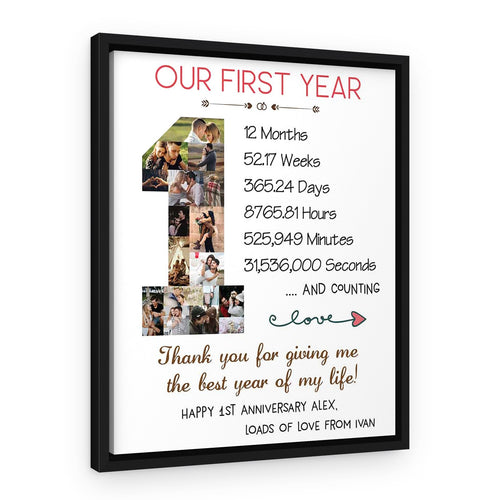 1 Year Anniversary Photo Collage Canvas Print – Black Floating Frame