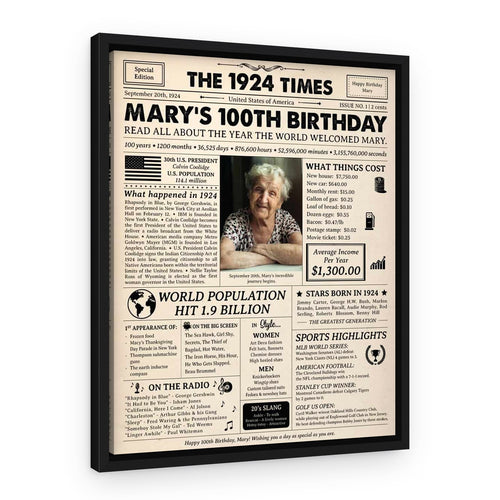 100th Birthday Gift: 1924 Birthday Newspaper Canvas – Black Floating Frame