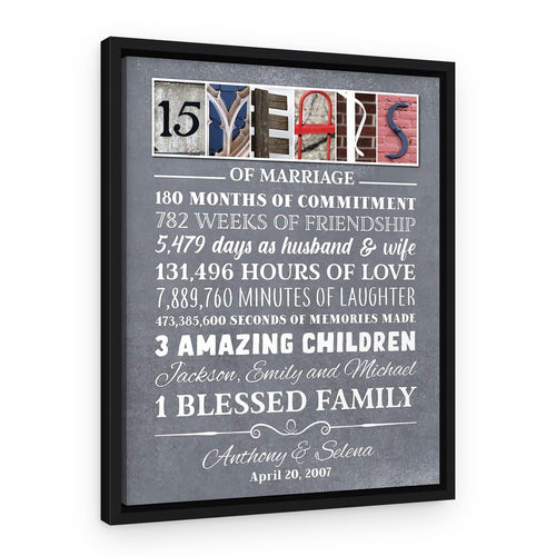 15 Years of Blessed Family Custom Letter Art Canvas Print – Black Floating Frame – Design A