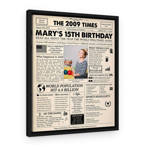 15th Birthday Gift: 2009 Birthday Newspaper Canvas – Black Floating Frame