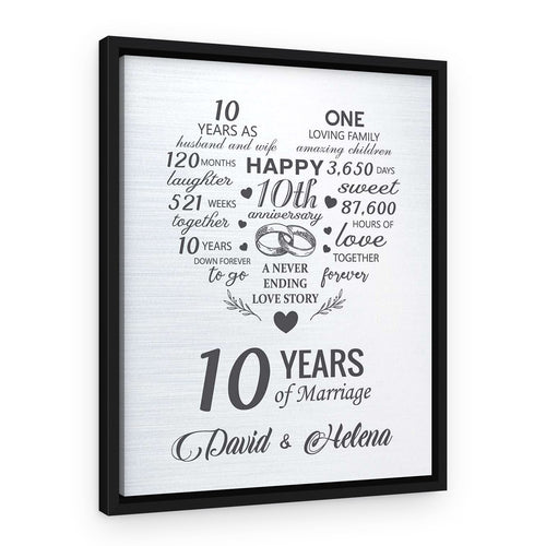 10th Custom Anniversary Milestone – A Never Ending Love Story Canvas – Black Floating Frame – Design B