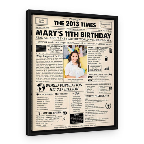 11th Birthday Gift for Kid: 2013 Birthday Newspaper Canvas – Black Floating Frame