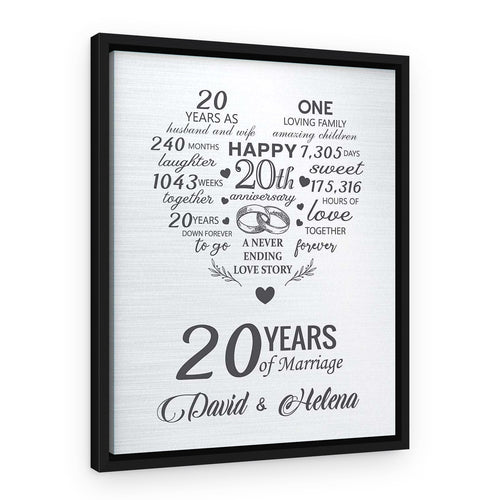 20th Custom Anniversary Milestone – A Never Ending Love Story Canvas Print – Black Floating Frame – Design B