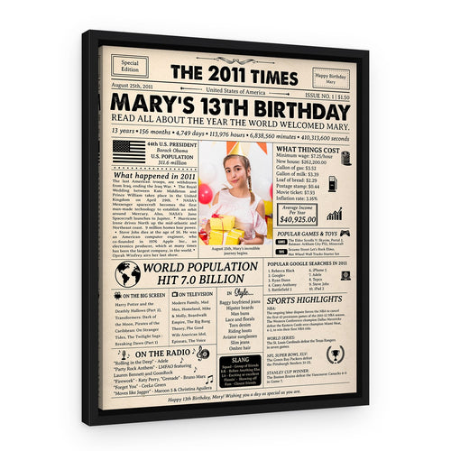 13th Birthday Gift: 2011 Birthday Newspaper Canvas – Black Floating Frame