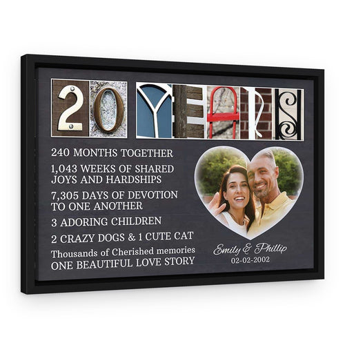 20 Years Anniversary Letter Art Counting Canvas Print – Black Floating Frame
