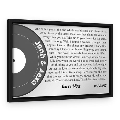 25th Wedding Anniversary Custom Song Lyrics Canvas Print – A Vinyl Record of Love – Black Floating Frame