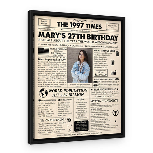 27th Birthday Gift: 1997 Birthday Newspaper Canvas – Black Floating Frame