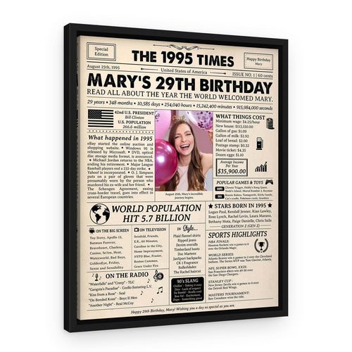 29th Birthday Gift: 1995 Birthday Newspaper Canvas – Black Floating Frame