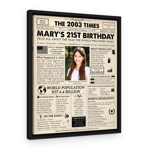 21st Birthday Gift: 2003 Birthday Newspaper Canvas – Black Floating Frame