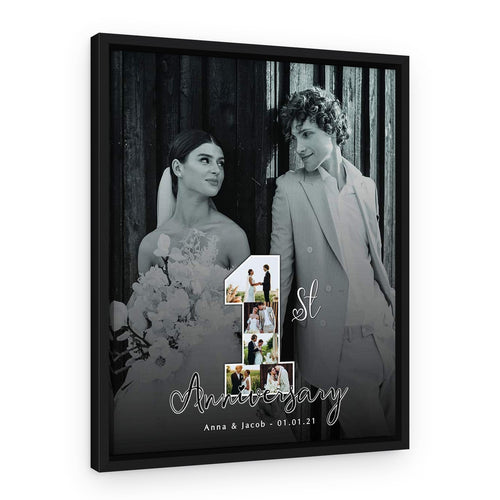 1st Anniversary Number Photo Collage Black And White Canvas Print – Black Floating Frame