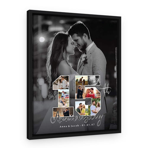 15th Anniversary Number Photo Collage Black And White Canvas Print – Black Floating Frame