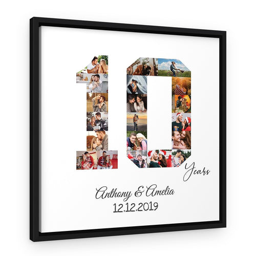 10th Anniversary Custom Black and White Photo Collage Canvas Print – Black Floating Frame – Color