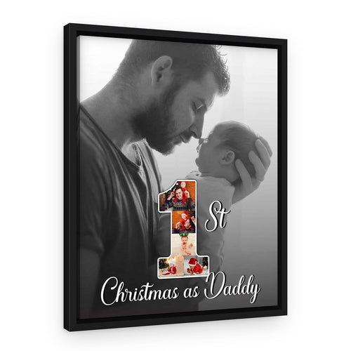 1St Christmas As Daddy Photo Collage Custom Canvas Print – Black Floating Frame