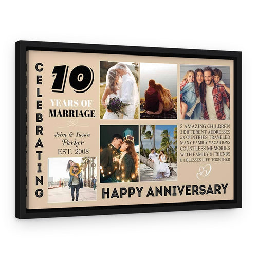10th Anniversary Photo Collage Canvas Print – 6 Photos – Black Floating Frame – Design A