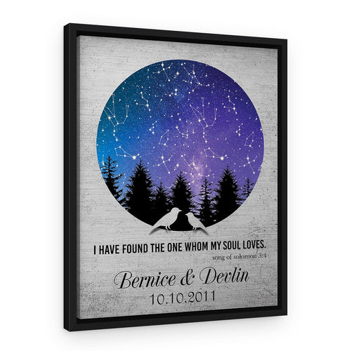 10th Anniversary Tin Star Map with Bare Tree Canvas Print – Black Floating Frame