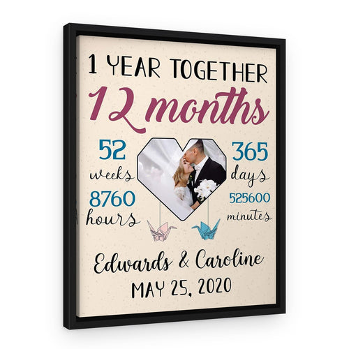 1 Year Together Heart-Shaped Custom Photo Canvas Print – Black Floating Frame – Portrait