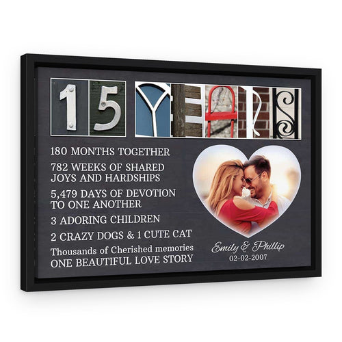 15 Years Anniversary Canvas – Milestone and Letter Art Counting – Black Floating Frame