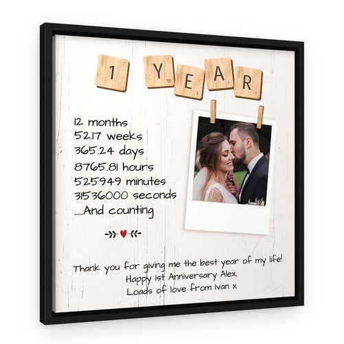 1 Year Anniversary Custom Polaroid Photo Canvas – Black Floating Frame