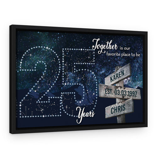 25 Years Together Star Map Street Sign Names Canvas Gift – Black Floating Frame – 2 Names