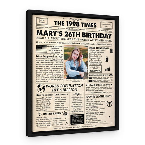 26th Birthday Gift: 1998 Birthday Newspaper Canvas – Black Floating Frame