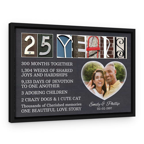 25 Years Wedding Anniversary Letter Art Sentimental Milestones – Gray Background – Personalized Photo, Name, Date – Black Floating Frame