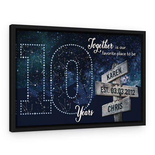 10 Years Together Star Map Street Sign Names Canvas – Black Floating Frame – 2 Names