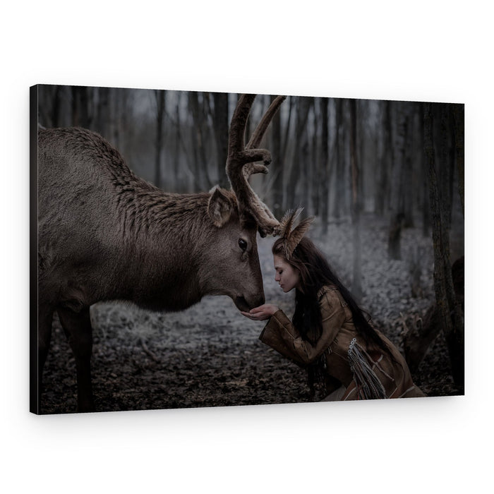 Woman Feeding Wild Deer – Canvas Print