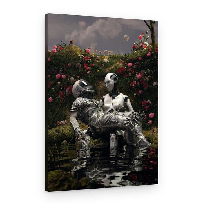 Moonlit Robot Embrace – Canvas Print