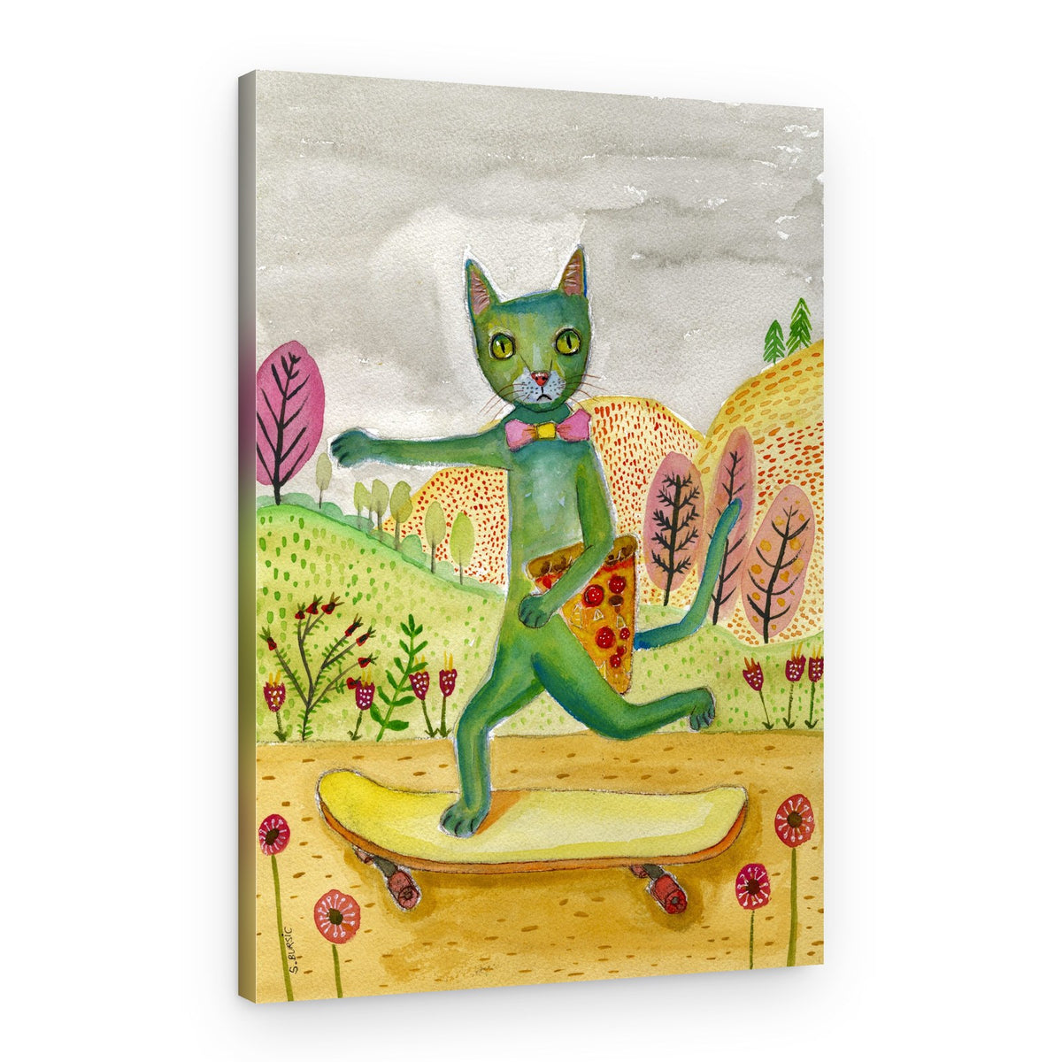 Green Cat Skateboard Pizza – Canvas Print