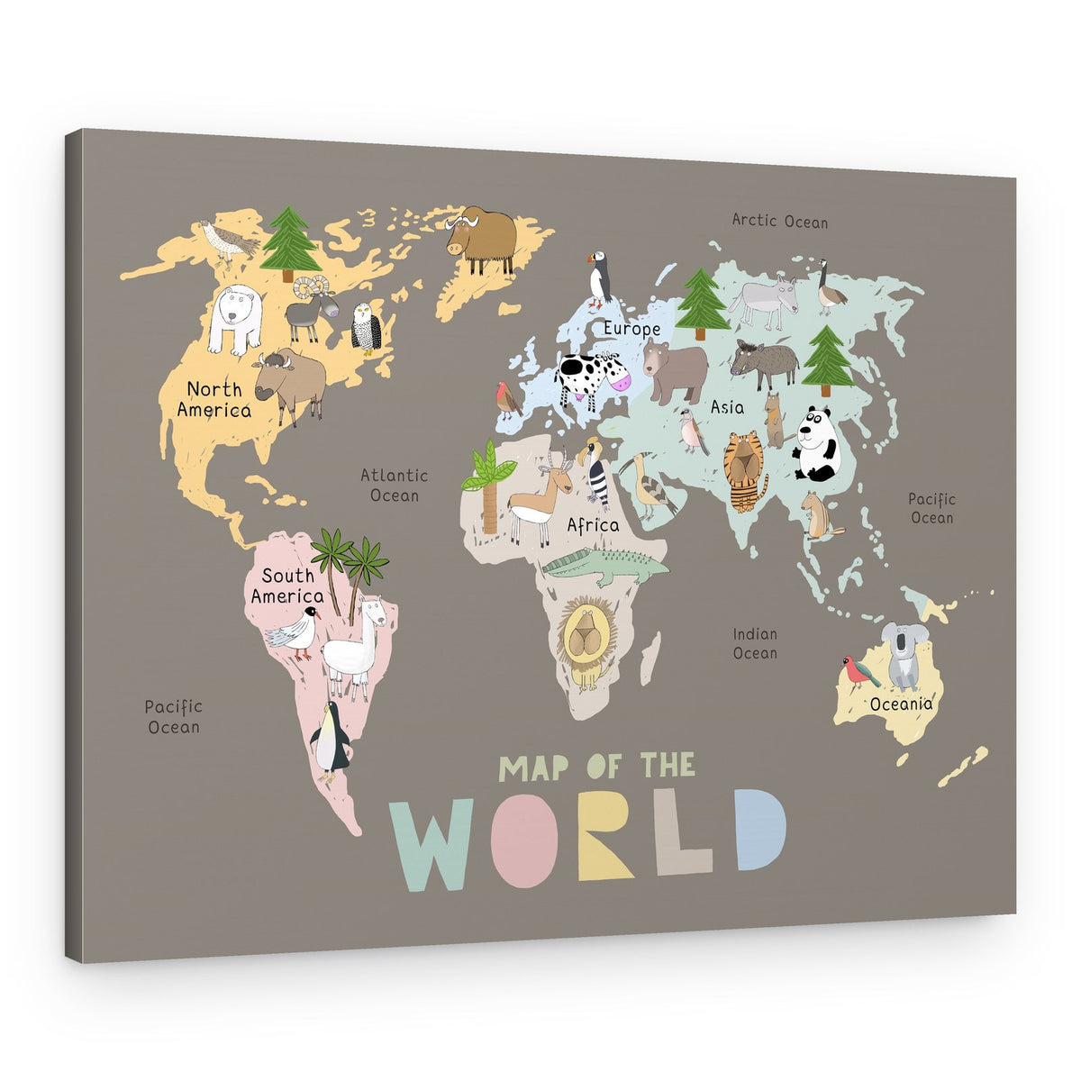 World Map with Cute Animals – Canvas Print