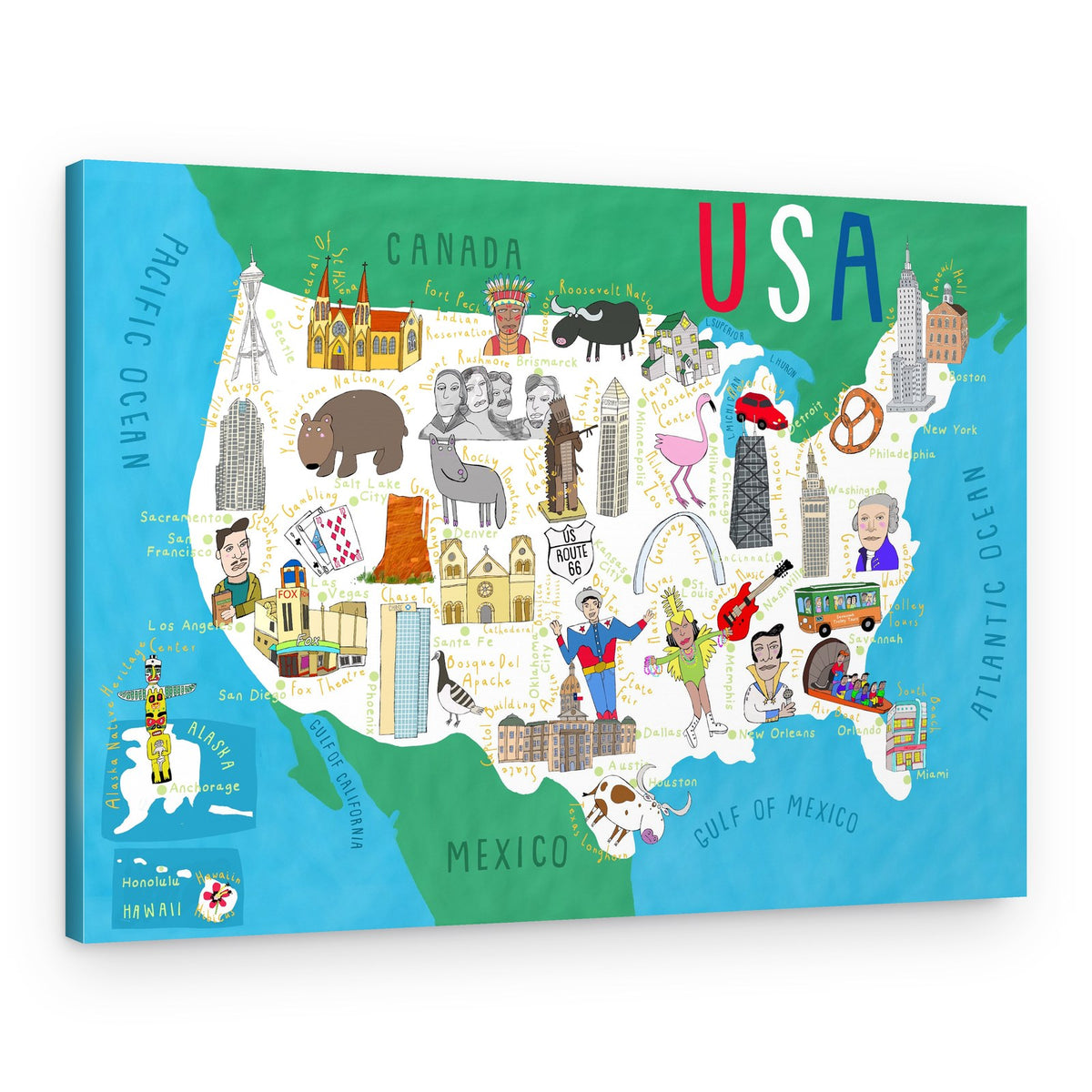 USA Illustrated Map – Canvas Print
