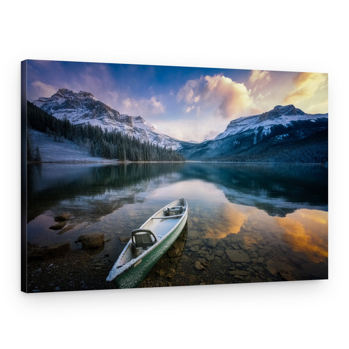 Snowy Mountain Lake Canoe – Canvas Print