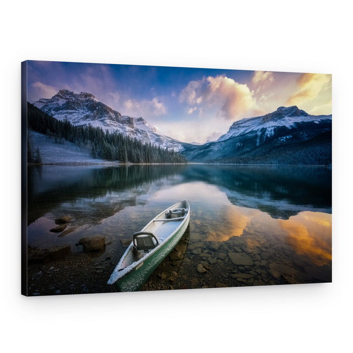 Snowy Mountain Lake Canoe – Canvas Print