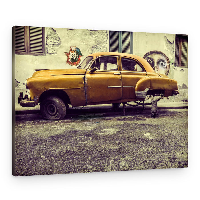 Yellow Car Curious Cat – Canvas Print