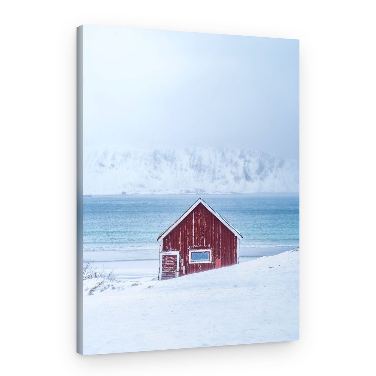 Red Cabin Winter Beach – Canvas Print