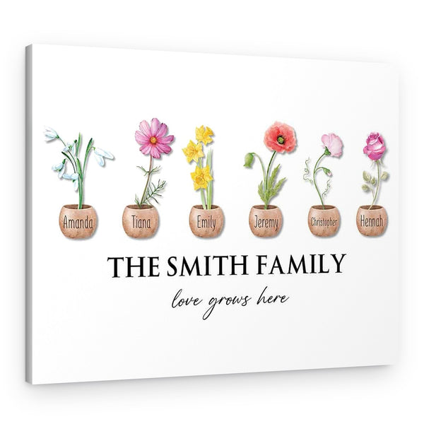 Family Birth Month Flowers Love Grows Here Custom Canvas Print